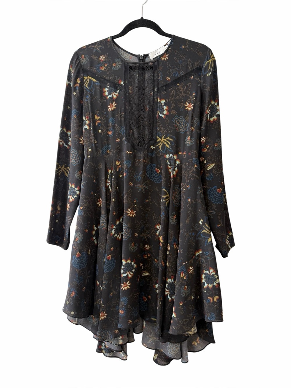 A.L.C. Cynthia Dark Floral Print Longsleeve Dress Inset Lace Detail Black Sz 8